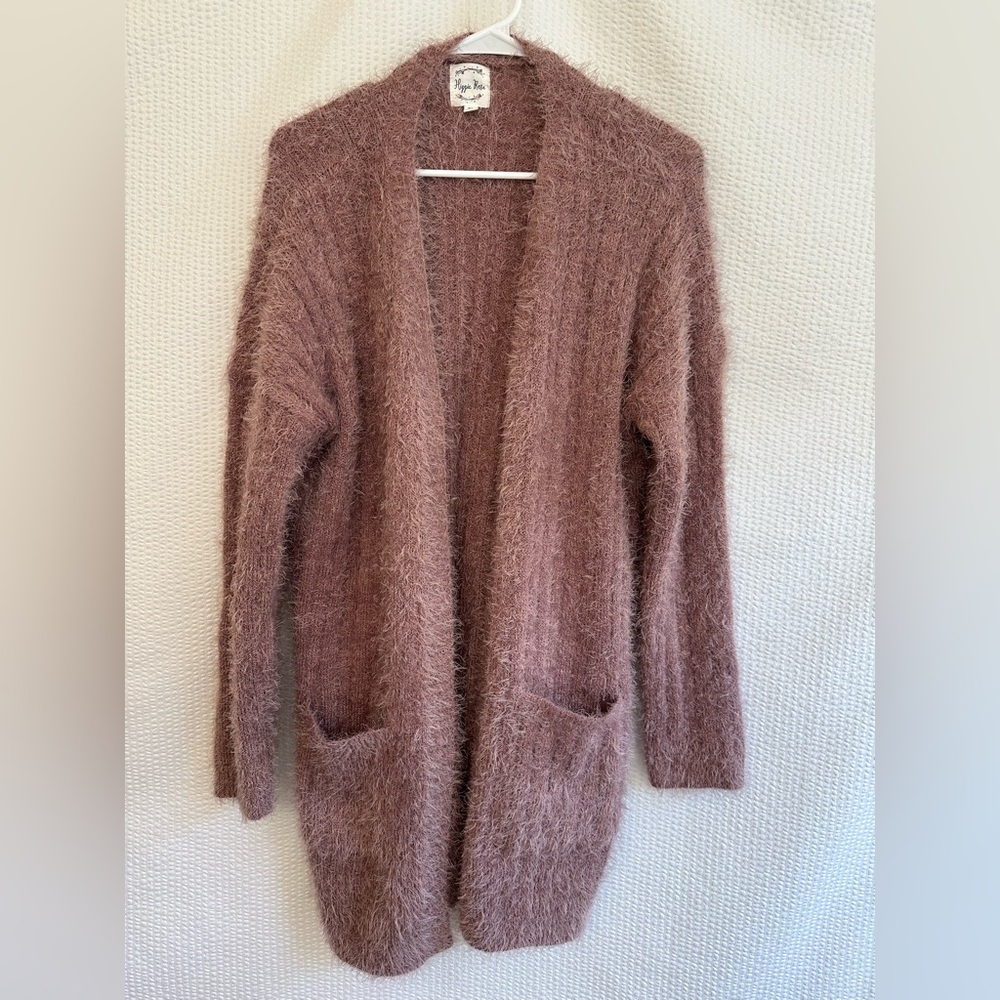 HIPPIE ROSE Dusty Pink Fuzzy Open Front Long Cardigan Sweater Size XL NWOT